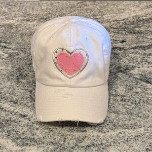 New Custom Designed White Distressed Baseball Cap with Pink Heart with Crystals